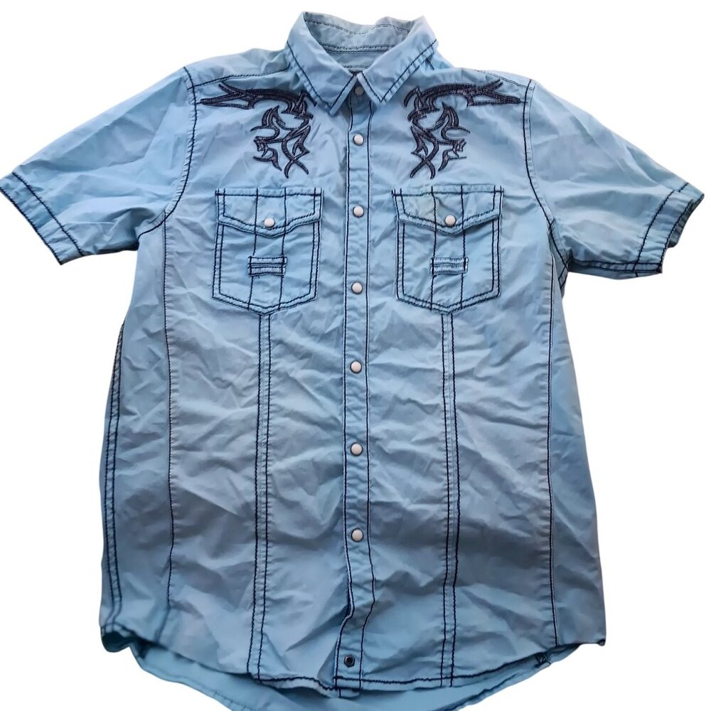 Men's Small Western Shirt BKE Buckle Embroidered Snap Button Light Blue S